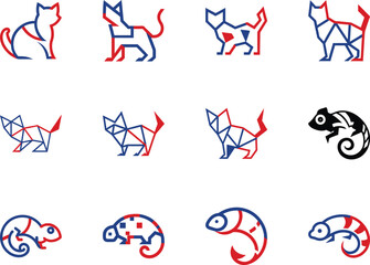 Geometric animal collection showcases red and blue line animals, including cats, chameleons, and fish over white