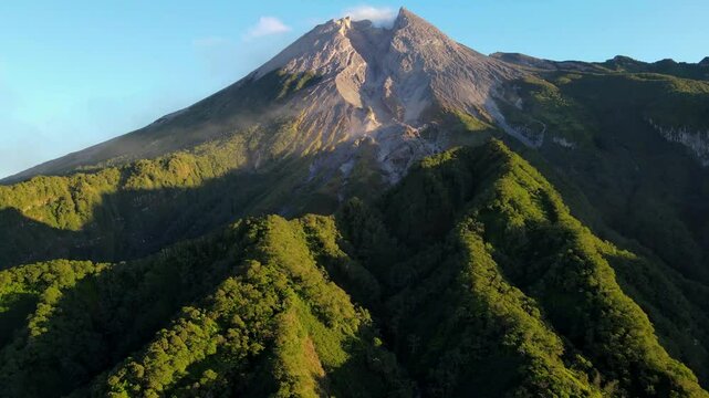 Golden Morning Aerial View of Mount Merapi Volcano, Indonesia.
