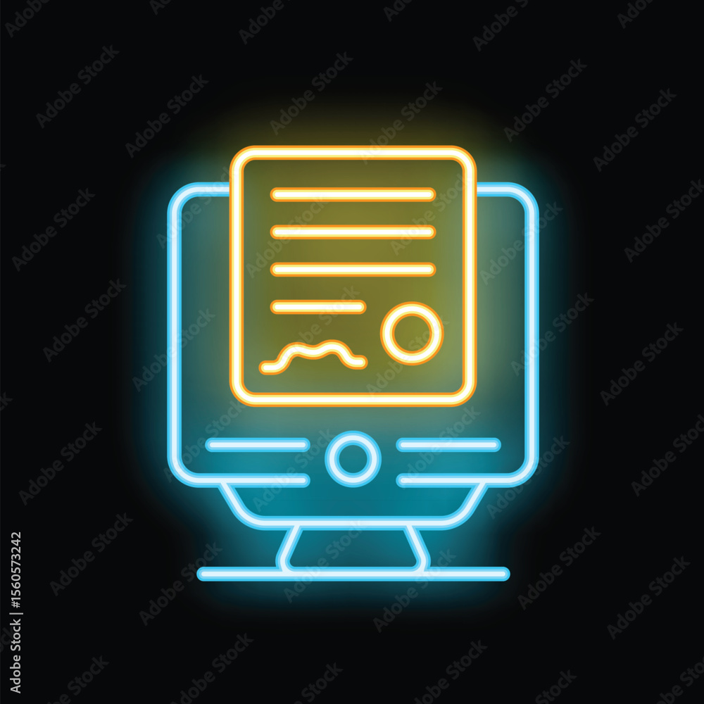 Poster neon sign representing a computer displaying a document with an electronic signature, symbolizing on