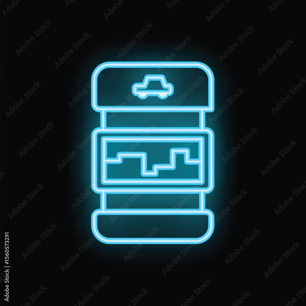 Poster glowing neon icon representing a smartphone with a navigation app open, showing a car icon and a cit