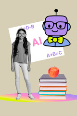 Poster image artwork pop collage of happy teenager schoolgirl wear headphones stand book stack...