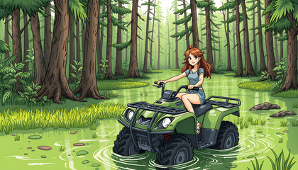 Beautiful girl on a ATV in a green swamp in the forest, doodle art. White tone