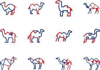 Stylized camel icons presented in a pattern using simple lines and red and blue shapes