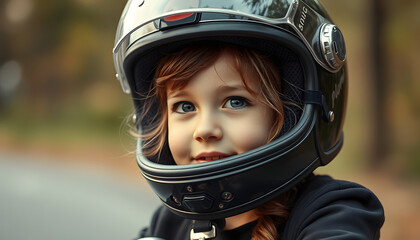 Young girl in a motorcycle helmet, vintage. White tone