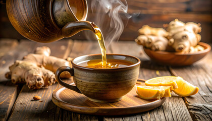 Steaming ginger and honey tea is poured into rustic stoneware mug, surrounded by fresh ginger and lemon slices on wooden table