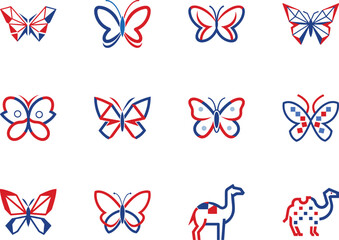 Twelve butterfly icons with blue and red colors join two camel icons on a white background