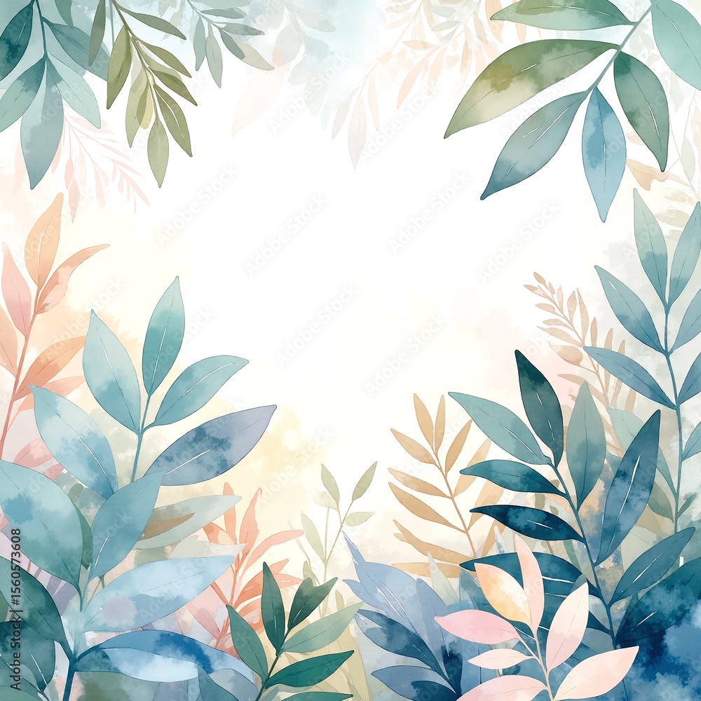 Poster a vibrant watercolor background featuring an array of lush green leaves in various shapes and sizes,