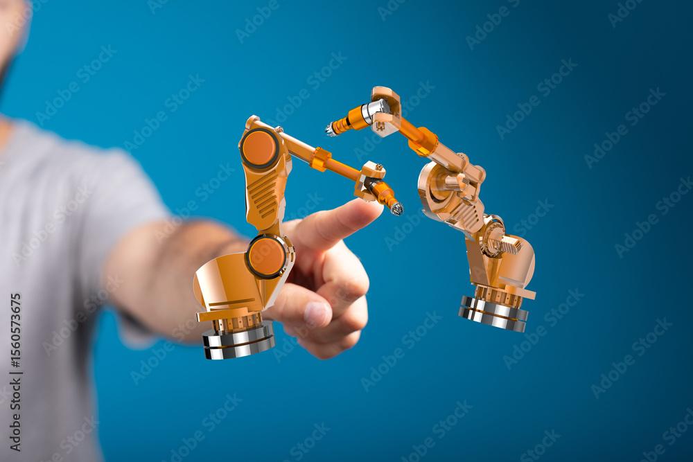 Poster image of a hand interacting with robotic arms, representing automation and technology.