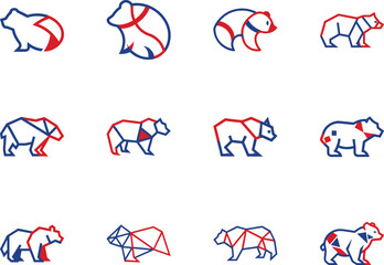 Twelve simple bear icons in red and blue show different minimal styles