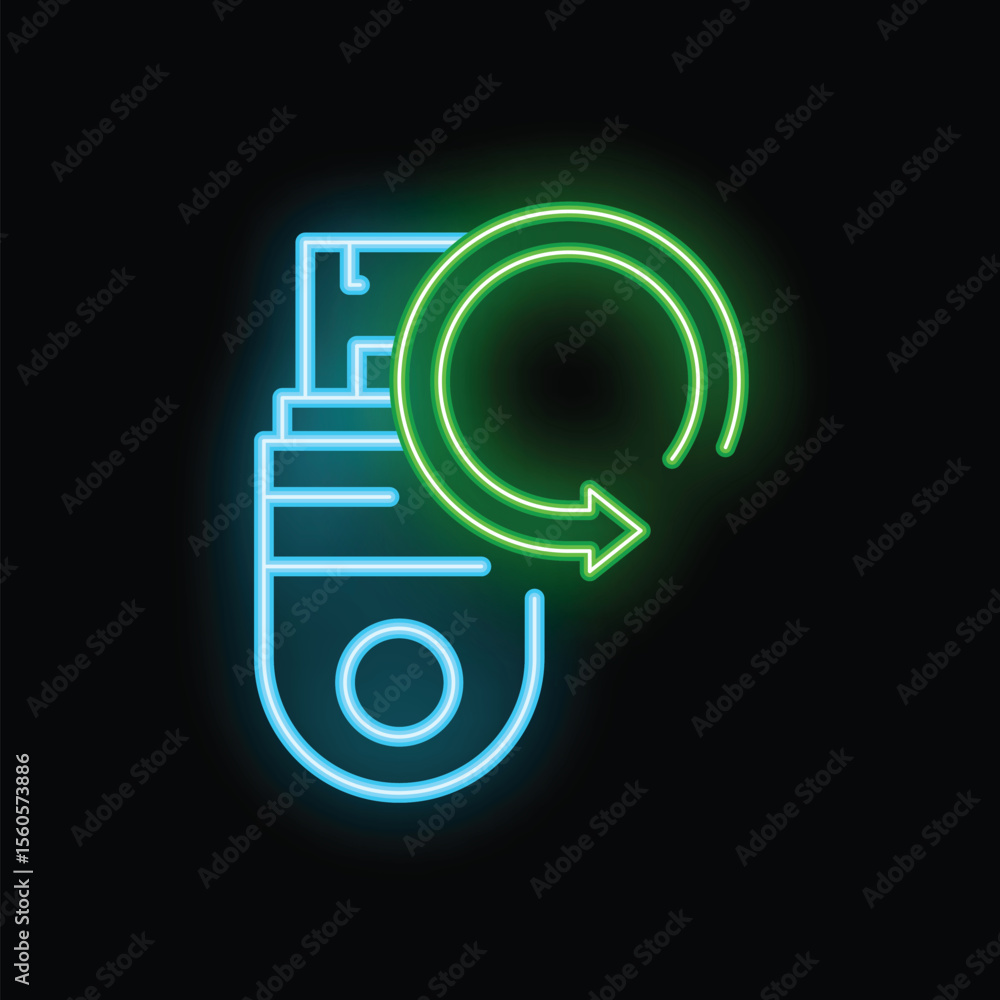 Poster neon usb flash drive icon with a green circular arrow representing data transfer