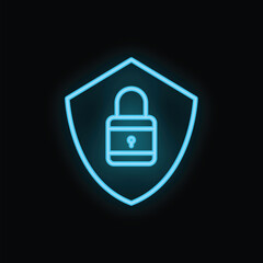 Neon blue shield protecting padlock glowing on black background