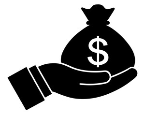 Hand holding money bag silhouette flat vector illustration. A hand holding a money bag silhouette vector art.