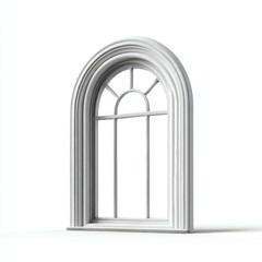 Elegant white arched window with decorative molding and divided panes isolated on white background