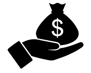 Hand holding money bag silhouette flat vector illustration. A hand holding a money bag silhouette vector art.