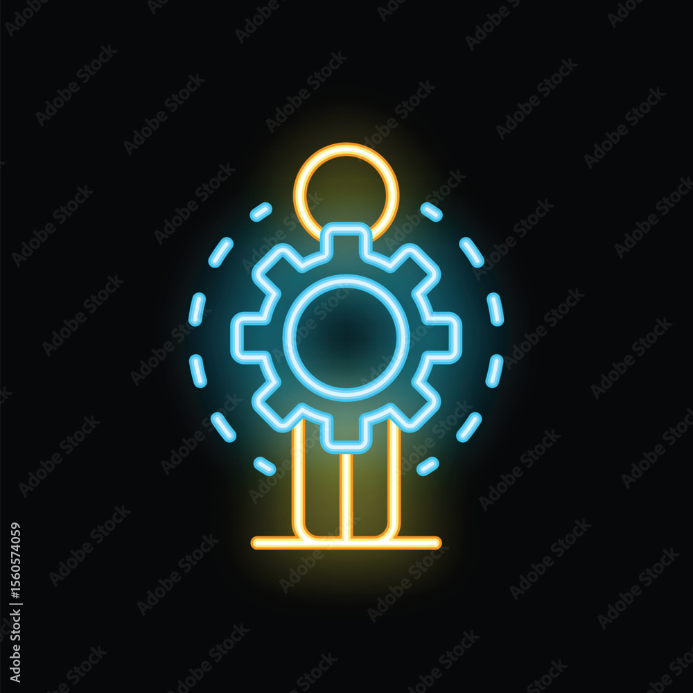 Poster neon icon of a businessman with a gear representing business processes, automation and problem solvi