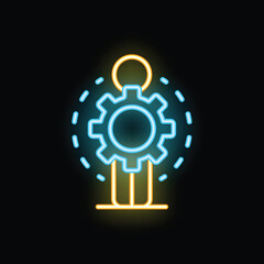 Neon icon of a businessman with a gear representing business processes, automation and problem solving