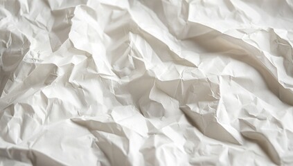 Obraz premium Close-up of crumpled white paper. Wrinkled, textured surface of a sheet of paper. Light reflects off the folds and creases. A detailed view of the paper's surface