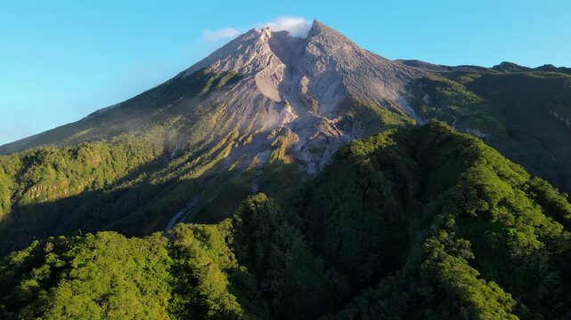 Golden Morning Aerial View of Mount Merapi Volcano, Indonesia.