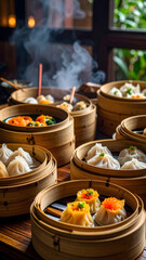Variety of Chinese dim sum in bamboo steamers with steaming dumplings and vibrant colors