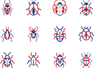 A collection of twelve insect icons shows red and blue symmetric patterns against white
