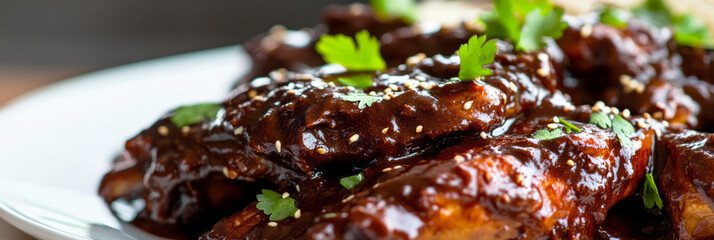 Juicy chicken pieces are generously covered in a dark, flavorful sauce, highlighting traditional Mexican cuisine. The dish is elegantly plated, inviting a taste of authentic flavors, banner