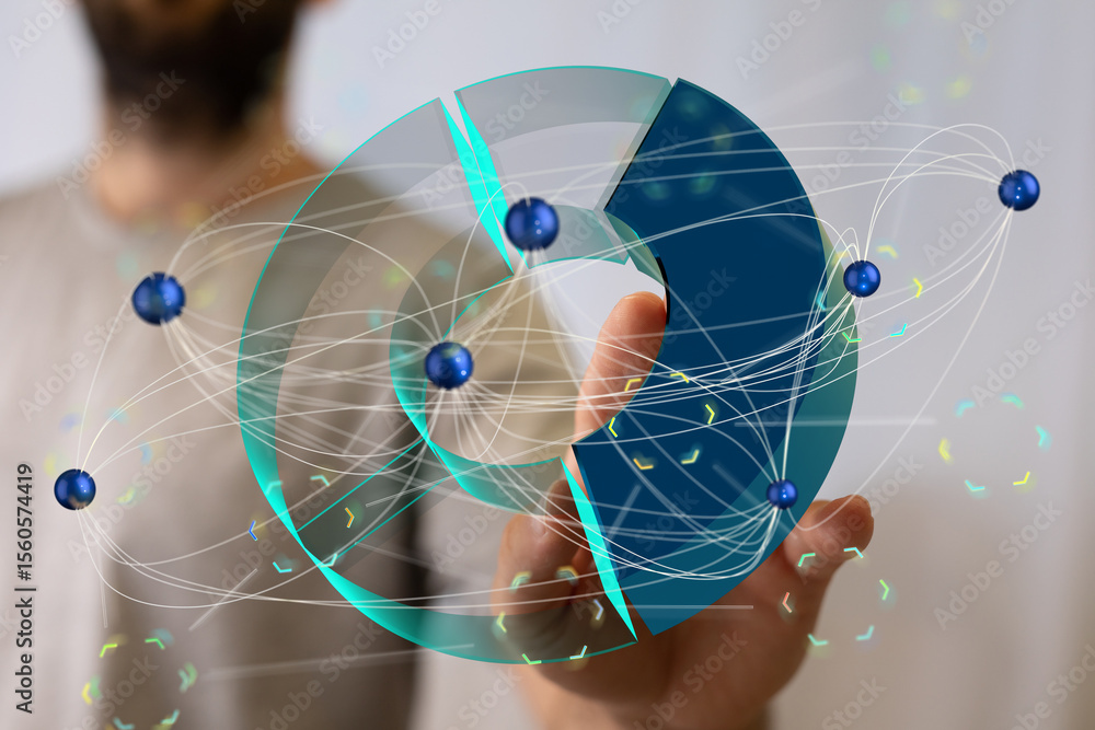 Poster a person interacts with a 3d pie chart visualizing interconnected data points. modern technology con