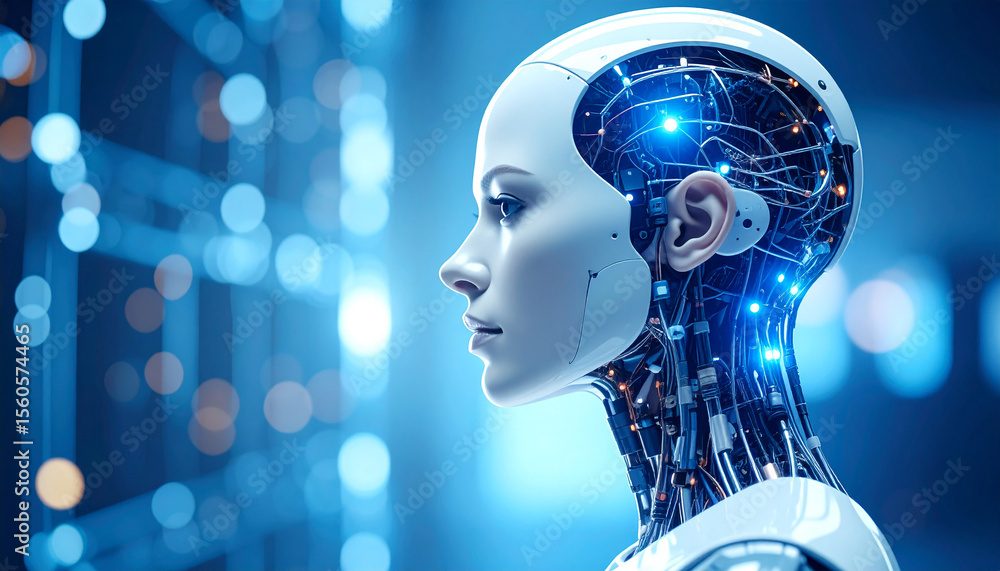 Poster cybernetic elegance: a cutting-edge portrait of a female android showcases the future of technology,