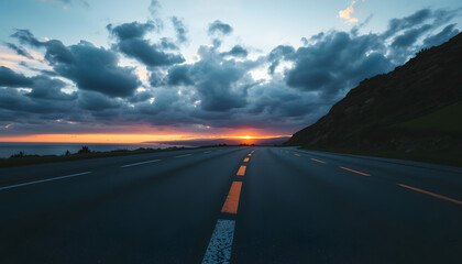 Asphalt road pavement and dramatic sky with coastline panorama at sunset. White tone