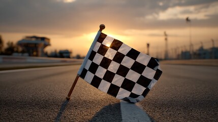Checkered flag on race track at sunset signifying victory and the end of a race
