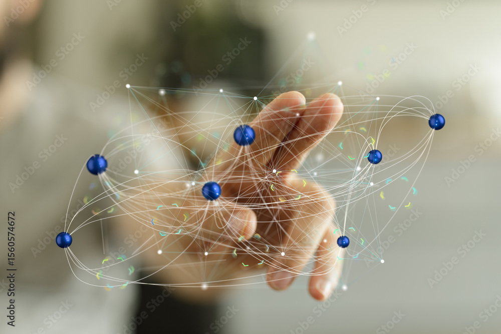 Poster Abstract image of a hand interacting with a digital network, representing global connectivity and data flow.