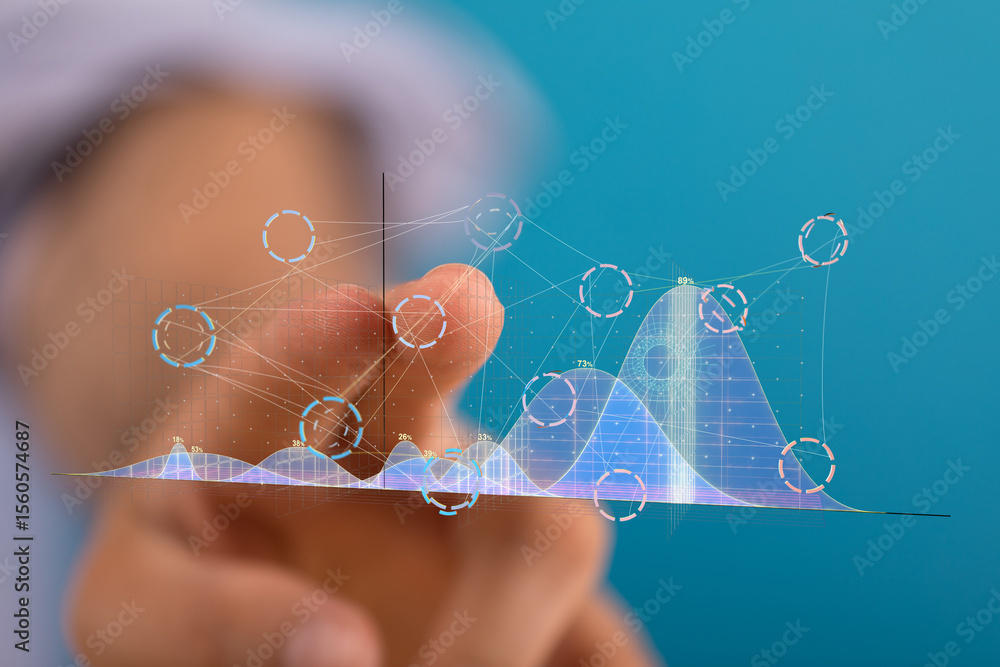 Poster stock photo of a finger interacting with a digital graph, showing data analysis and visualization.