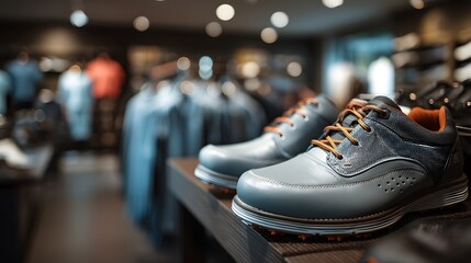Golf shoes on display stand with textured leather and laces