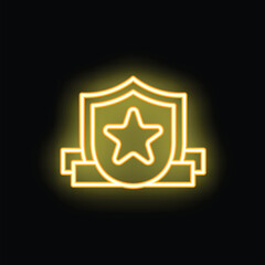 Neon shield with a star and a banner is glowing on a black background
