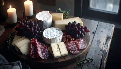 Rustic platter of artisan cheeses and charcuterie with grapes and candles creates cozy ambiance
