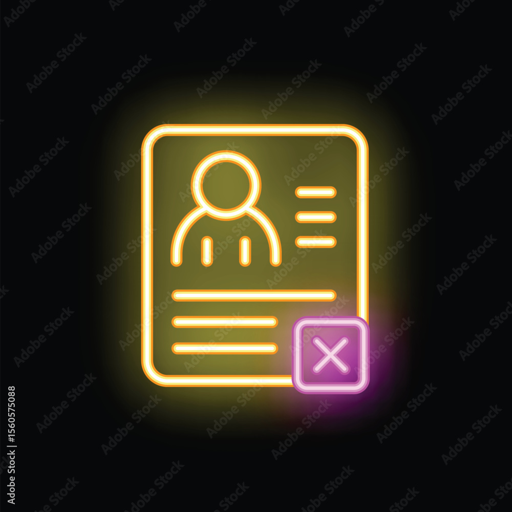 Poster glowing neon icon representing the concept of job application rejection with a cv and a delete symbo
