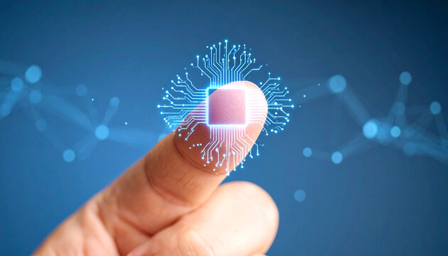 Touch of Technology: A finger delicately interacts with an illuminated circuit board, symbolizing the convergence of human touch and cutting-edge technology