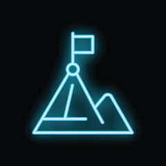 Neon sign is glowing in the dark, showing a mountain peak with a flag on top, symbolizing achievement and reaching goals