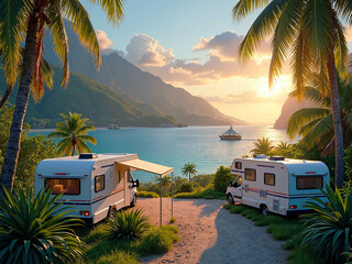 Two motorhomes parked on the seashore among palm trees and tropical shrubs at sunset
