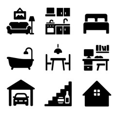 Home Room Icons Grid. Solid, filled icon set of home rooms: living room, kitchen, bedroom, bathroom, dining room, study, garage,
