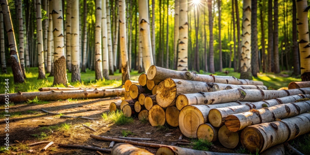 Poster a sunlit forest scene showcases neatly stacked tree trunks, bathed in the warm glow of the setting s