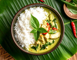 Bowl of Thai green curry with jasmine rice garnished with basil and chili on banana leaf background