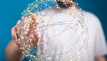 Person interacting with a digital globe, showcasing global network connections and data...