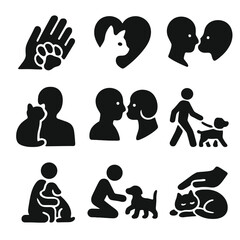 Human-Animal Bonding Icons. Solid, filled icon set of human-animal bonding: hand touching paw, heart with pet, nose nuzzle, pet on
