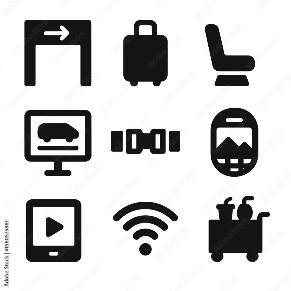 Poster hyperloop icon set. solid, filled icon set of hyperloop passenger experience: boarding gate, luggage