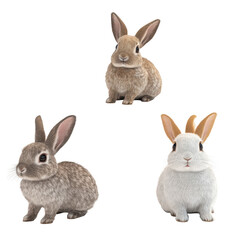 3D Modeled Rabbit Set, trio of 3D-modeled rabbits, each in a different pose, isolated on transparent background