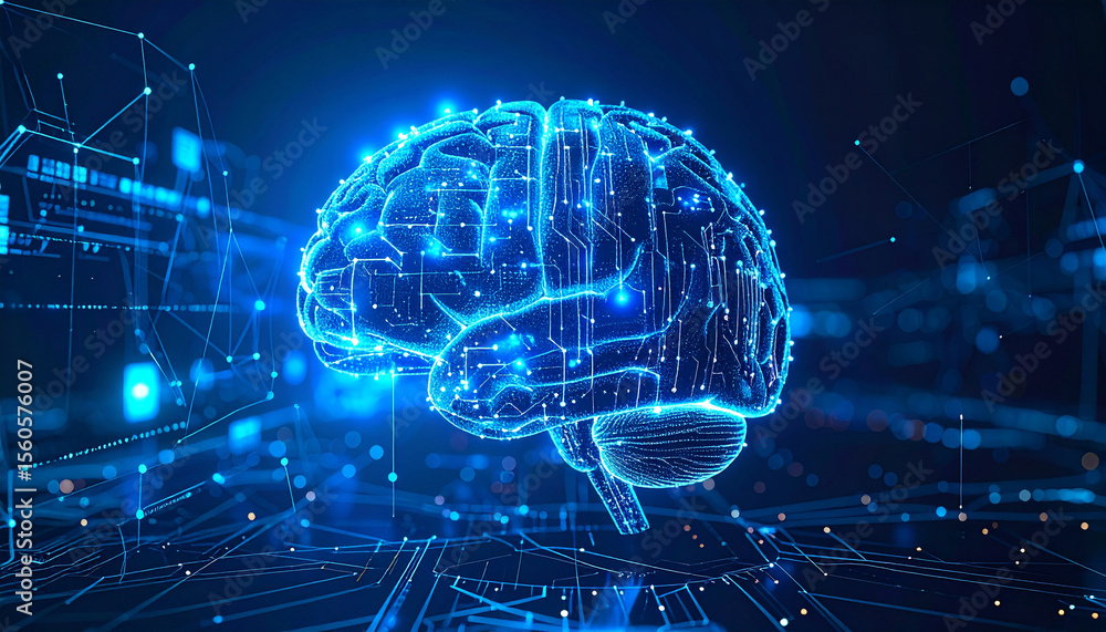 Poster digital brain: a glowing digital brain, showcasing intricate network connections and data streams, e