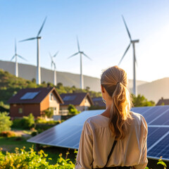 Person stands at edge of green community, watching wind turbines and solar panels in sustainable landscape