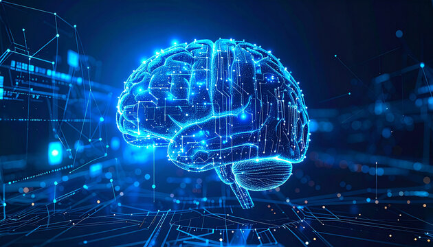 Digital Brain: A glowing digital brain, showcasing intricate network connections and data streams, epitomizes the essence of technology, artificial intelligence.