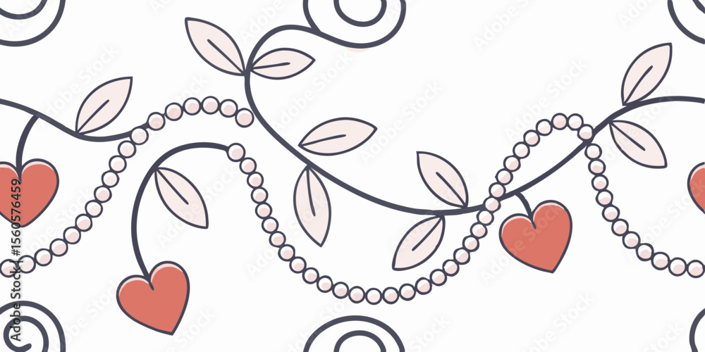 Poster horizontal seamless vector pattern-boardure with hearts and pearls on white background