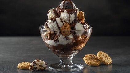 Chocolate ice cream sundae in glass bowl